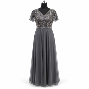 Gray Beaded A-Line <b>Evening</b> <b>Dress</b> | V-Neck Flutter Sleeve Floor Length Formal Gown with Embellished Bodice <b>for</b> <b>Wedding</b> Guest Wear - Product Image 1