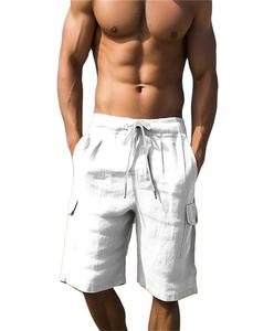 Shorts pour hommes en lin solide outillage vent élastique cordon de serrage poches latérales confortable léger respirant élégant quart pantalon - Product Image 3