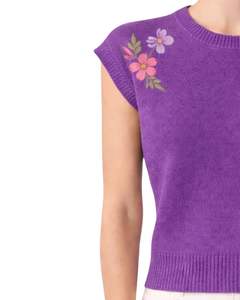 Gilet d'été décontracté pour femme, violet personnalisé, sans manches, en tricot, avec broderie florale, col rond, doux, léger, élégant et tendance - Product Image 2