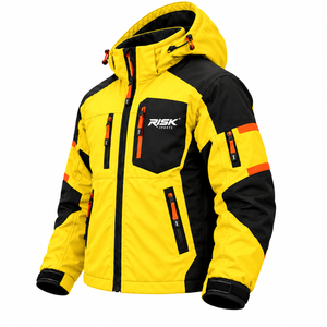 Veste de ski en coton tissé jaune et noir pour femme, manteau d'hiver à capuche pour sports de neige avec poches zippées et logo frontal - Product Image 3