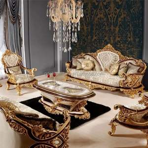 Ensemble de canapé-lit de luxe classique en bois d'acajou sculpté, rembourré en éponge, finition dorée, style européen, design hôtelier - Product Image 1