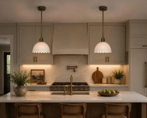 Brass Pendant Light Scalloped Glass Shade Modern Farmhouse Ceiling <b>Lamp</b> Indoor <b>Kitchen</b> Decor Durable Round Design - Product Image 5