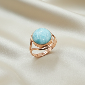 Natural Larimar Gemstone <b>Ring</b> 925 Sterling <b>Silver</b> Rose & Yellow Gold Plated Handmade Round Cabochon <b>Statement</b> Jewelry Women Gift - Product Image 4