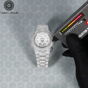 Montre de luxe pour homme Charm Jewells en acier inoxydable, boîtier de 40 mm, mouvement mécanique, accents de diamants, bracelet en cuir, étanche 10 bars - Product Image 3