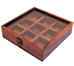Boîte à épices en bois d'acacia, boîte à épices décorative à 9 compartiments, récipient de rangement pour comptoir de cuisine - Product Image 1