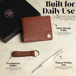 WRIZA Genuine Leather <b>Wallet</b> Combo with Pen and Keychain Gift Set Alligator Pattern <b>RFID</b> Protection Men's Minimalist Style - Product Image 3