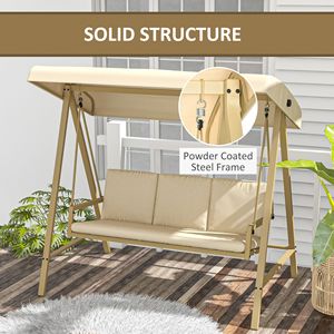 Panca a dondolo da giardino a tre posti color sabbia con imbottitura rimovibile e tenda parasole per il tempo libero in patio interno ed esterno - Product Image 4