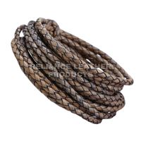 Bracelet en Cuir Tressé Mat Naturel Noir Foncé Antique 3mm en Gros, Cordon en Cuir de Vachette Véritable, Plaqué Argent 925