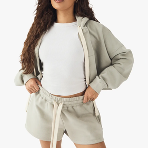 Ensemble de survêtement d'hiver écologique pour femme, coupe ample, avec sweat à capuche zippé en polaire et short, 2 pièces - Product Image 5