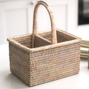Wooden utensil holder low price rattan compartment <b>caddy</b> silverware section basket with handle - Product Image 1