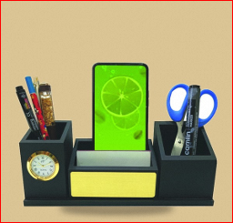 Organisateur de bureau en bois personnalisé, porte-cartes de visite, porte-cartes de nom de bureau avec porte-stylo, porte-crayon, ciseaux, horloge - Product Image 6