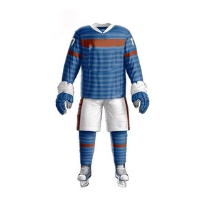 Ensemble uniforme de hockey sur glace pour hommes, rayures horizontales bleues, brunes et blanches, sublimation, maillot, short, gants, nom et numéro personnalisés, OEM - Product Image 3