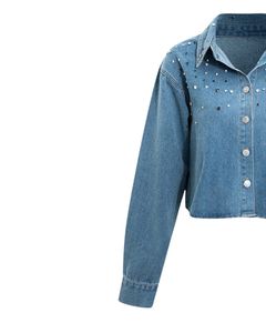 Chaqueta Vaquera Corta Azul Personalizada para Mujer con Botones Frontales y Pedrería, Manga Larga, Estilo Casual Urbano - Product Image 5