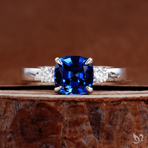 Royal Blue Cushion Sapphire Three Stone Ring 2.20 Ct Engagement Ring Lab Grown Blue Sapphire White Gold Ring - Product Image 1
