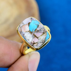 Handmade Pink Opal Copper Turquoise Cushion Shape Gemstone Rings 18k Gold Microne Over 925 Sterling Silver - Product Image 1