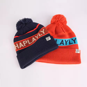 Factory Direct Beanie Hat Navy Blue with <b>Red</b> Stripe and Pom Pom Unisex Jacquard Knit Winter Cap Casual Style 56-58CM - Product Image 3
