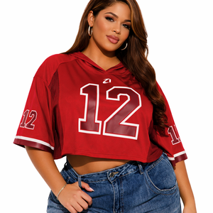 Camiseta Deportiva Personalizada para Mujer, Estilo Jersey de Fútbol Americano Rojo, Corta, con Capucha, Manga Corta, Sublimación, Impresión de Número, Proveedor de Ropa Urbana - Product Image 6