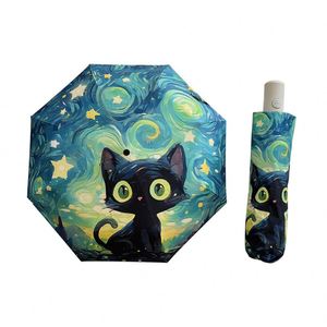 Paraguas de Viaje Plegable Automático y Manual de Tres Pliegues con 8 Varillas, Diseño Retro de Gato de Dibujos Animados, Personalizado al por Mayor para Estudiantes y Mujeres - Product Image 2