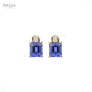 Chordia Jewels 14K Fine Gold Diamond & <b>Emerald</b> Cut Gemstone <b>Studs</b> 0.64CTW Tanzanite Classic Geometric shape Wedding Earrings - Product Image 1