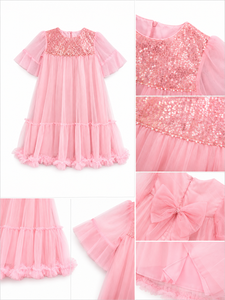 Vestido de Fiesta para Niñas, Color Rosa, con Lentejuelas y Tul, Corte en A |   Elegante Vestido Rosa de Princesa para Cumpleaños - Product Image 3