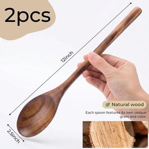 Cuillères en bois pour la cuisine, ustensiles de cuisine en bois d'acacia, cuillères de service en bois de 12 pouces pour poêles antiadhésives, prise en main confortable - Product Image 2