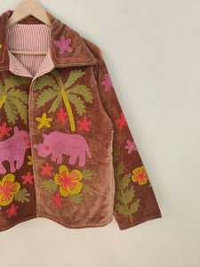 Blouson bomber en velours fait main, motif animalier Suzani, écologique, réversible, respirant, court, style bohème avec broderie florale - Product Image 5