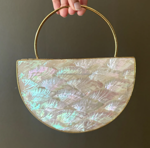 Vintage Fashion Mother Pearl Wristlet <b>Clutch</b> Evening <b>Bag</b> Geometric Pattern <b>White</b> Black Metal Zipper Closure Logo Embellishment - Product Image 2