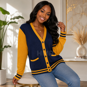 HMR Sisterhood Sorority Acrylic Knitted <b>Cardigan</b> <b>Navy</b> <b>Blue</b> Contrast Color Preppy Style Solid Button Front Open Sweater - Product Image 3