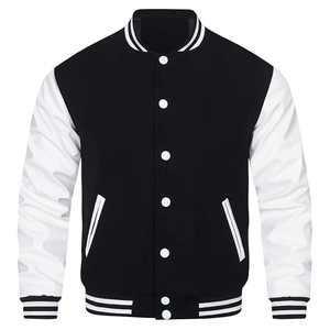 Chaqueta Varsity para Hombre, Diseño en Bloques de Color Blanco y Negro, Cierre de Botones, Corte Regular, Exterior de Poliéster y Algodón, Cuello Clásico - Product Image 1