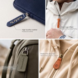 Durable Leather Zipper <b>Pullers</b> with Metal Ring Custom Logo Stitched Pulls for Bags and Clothing - Product Image 2