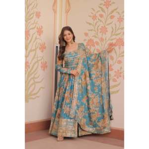 Vestido de noche bordado con estampado digital y dupatta - Product Image 5
