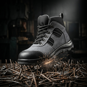 Bottes de sécurité mi-montantes durables pour hommes, avec embout en acier, doublure respirante, plaque intermédiaire en acier, en cuir véritable, semelle en PU, pour l'usine et l'exploitation minière - Product Image 1