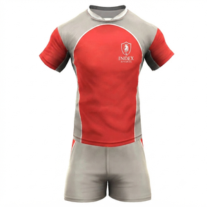Conjunto de Jersey de Rugby Rojo y Gris para Hombre de Index Apparel, Manga Corta, Cuello Redondo, Absorbe la Humedad, Ajuste Atlético, Uniforme de Rugby para Todas las Temporadas - Product Image 1