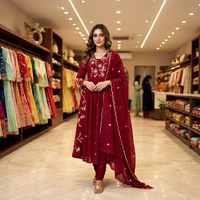 Ensemble Kurti et pantalon pour femme en Chanderi brodé marron, longueur cheville, avec dupatta, tenue traditionnelle indienne et pakistanaise