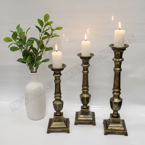Antique <b>Brass</b> Gold Taper Candle Holders Set of 3 Vintage Gothic <b>Candlestick</b> Stand Square Pedestal Base Dining Tabletop Center - Product Image 4