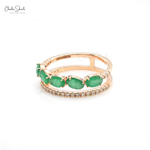 Anillo Apilable de Doble Aro con Esmeralda Natural de Corte Ovalado de 5x3mm y Halo de Diamantes en Oro Rosa de 14k, Joyería de Compromiso, Tendencia Actual - Product Image 2