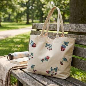 Reusable Embroidered Strawberry <b>Canvas</b> <b>Tote</b> <b>Bag</b> Beige Shoulder Handbag with Floral Fruit Pattern Medium Beach & Groceries - Product Image 2
