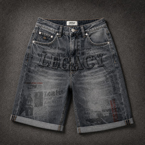 Legacy Newspaper Print Y2K Denim Jorts Washed Grey Streetwear Shorts Men Low MOQ Wholesale Supplier - Product Image 1