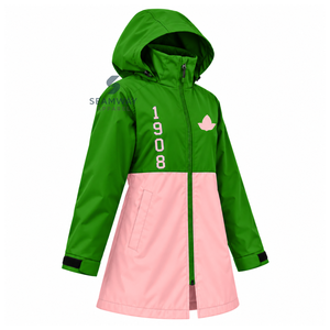Alpha |   Kapa |   Alpha Damen Grün-Rosa Kapuzen-Reißverschluss-Trenchcoat Bestickte Griechische Buchstaben Wasserdichter Reißverschluss-Anorak Mantel - Product Image 2