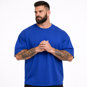 Men's Oversized Blue Crew Neck <b>T</b>-<b>Shirt</b> Short Sleeve Solid Color Casual Fit 100% Cotton Jersey Knitted Fabric - Product Image 5