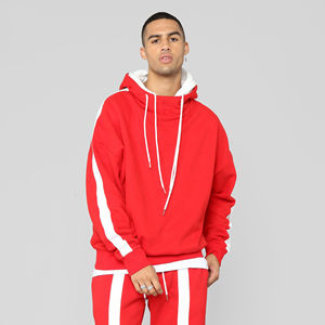 Custom Coral <b>Red</b> Contrast Panel Pullover Hoodie <b>Men</b> Oversized Heavyweight Cotton Fleece Hooded <b>Sweatshirt</b> OEM ODM Streetwear - Product Image 1