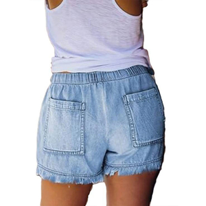 Shorts en jean bleu clair pour femme avec volants, taille élastique, style décontracté d'été, coupe ample, tissu en coton délavé 2026 - Product Image 6