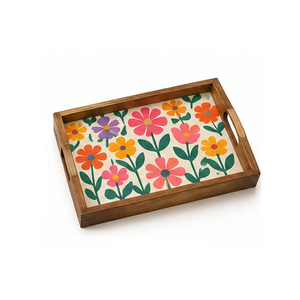 Bandeja Redonda de Madera para Servir con Acabado Pintado con Patrón Floral Colorido y Asa, para Uso Residencial - Product Image 6