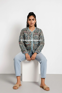 Chaqueta Acolchada Reversible con Estampado Floral y Bolsillos Bordados para Mujer, Estilo Flock Print, Transpirable, Ecológica, de Algodón Suave - Product Image 4