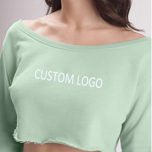 Women's Off Shoulder Cropped Sweatshirt Mint Green Long Sleeve Distressed <b>Hem</b> Custom Logo Crop <b>Top</b> - Product Image 2