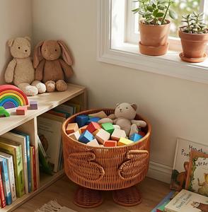 Panier tressé fait main avec pieds, joli bac de rangement avec couvercle, poubelle Kawaii, décoration de chambre d'enfant, cadeau de pendaison de crémaillère - Product Image 4