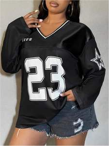 Women's Plus Size Casual V Neck Long Sleeve T Shirt <b>Tops</b> Oversized Mesh Letter Graphic Jersey Shirts with Logo Decoration - Product Image 1