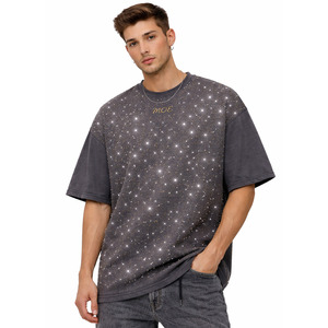 All Over Rhinestone Design Men's shirts Acid Wash Grey Oversized 100% Cotton T-shirt <b>Hip</b> Hop Streetwear Boxy Fit Casual T-Shirts - Product Image 1