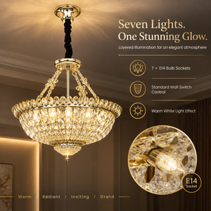 Lustre en cristal de luxe avec cadre en fer doré, 7 douilles E14 et chaîne réglable pour salle à manger, hall d'hôtel - Product Image 4