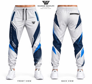 Pantalon de jogging sportif pour homme, blanc et bleu, imprimé par sublimation, taille élastique avec cordon de serrage, logo Move Higher sur la jambe droite, respirant - Product Image 2